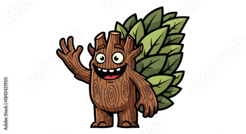A cartoon illustration of a friendly tree monster with a bushy tail of green leaves, waving its hand.