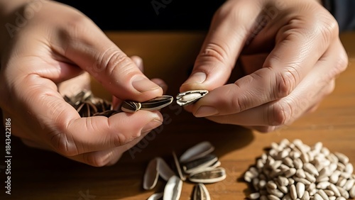 Hands Cracking Open Sunflower Seeds on a Wooden Surface in Natural Light