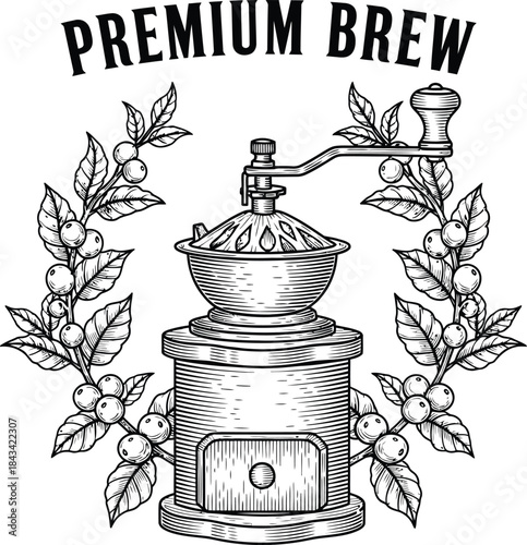 Premium brew typography with coffee grinder for cafe logo, fresh morning drink badge, bean roast emblem and isolated on transparent kitchen graphic illustration