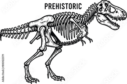 Prehistoric typography with t-rex skeleton for dinosaur logo design, ancient fossil badge, jurassic monster emblem and isolated on transparent history graphic illustration