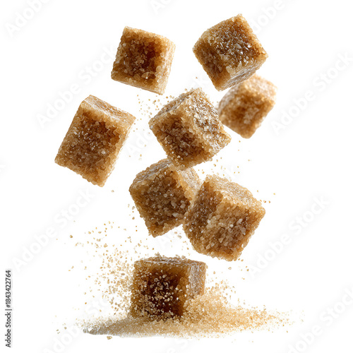 Dynamic shot of brown sugar cubes falling and creating a splash of granular sugar