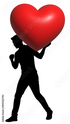 Man Silhouetted Carrying Large Red Heart Symbolizing Love Commitment and Support