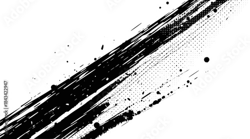 Abstract black and white background with dynamic brush strokes and halftone dot patterns, creating a grunge and artistic texture.