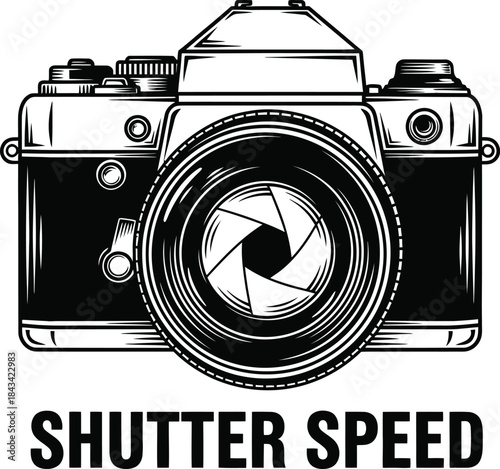 Shutter speed typography with camera icon for photography logo design, digital picture capture badge, photo hobby emblem and isolated on transparent artistic graphic illustration