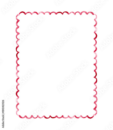 Minimalist watercolor red scalloped frame.Hand painted illustration for holiday cards, invitations, winter party announcements.