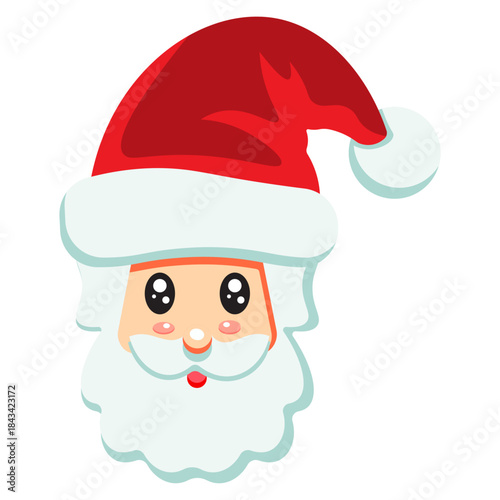 Cute cartoon head of a jolly old man with a white beard and red hat, an adorable illustration for festive holiday designs