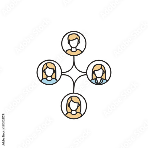 Teamwork Icon: This is a clear representation of teamwork. The illustration depicts a network of connections, with four individuals represented, highlighting collaboration and unity. 