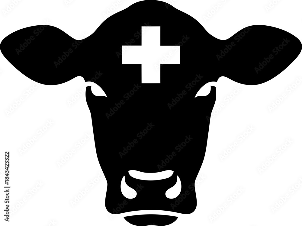 Obraz premium Black cow head with a white cross on its forehead. Agricultural livestock animal. Medical symbol for veterinary or farming concept. Vector icon for logo, pictogram