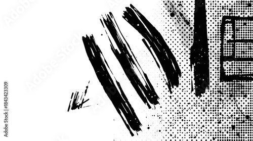 Abstract black brush strokes and distressed halftone texture on a white background, creating a grunge graphic effect.
