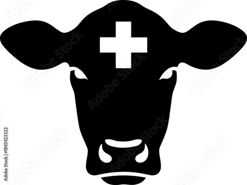 Black cow head with a white cross on its forehead. Agricultural livestock animal. Medical symbol for veterinary or farming concept. Vector icon for logo, pictogram