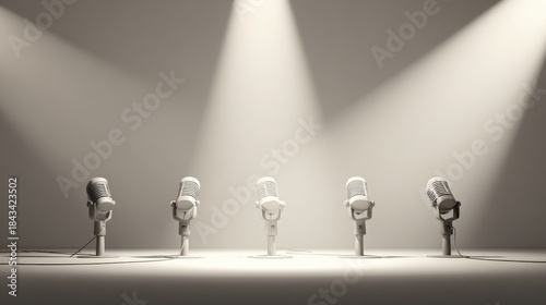 Three microphones on stage under a bright spotlight