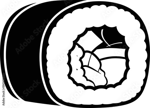Simple black and white sushi roll icon with detailed texture inside, a graphic design emblem perfect for restaurant menu or food delivery app