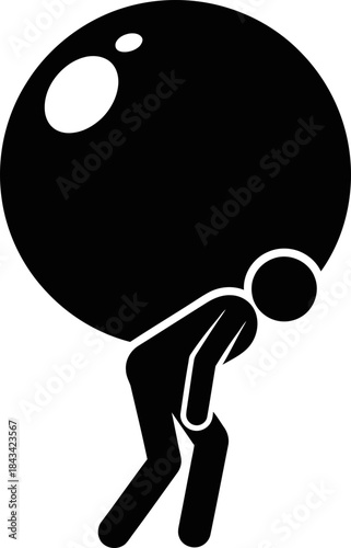 Man carrying a heavy load on his back, representing burden, pressure, or difficulty. Simple flat black icon for business problem or stress concept