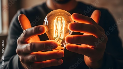 Person Holding Illuminated Vintage Light Bulb in Dark Environment.