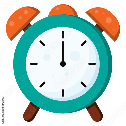 Vibrant flat design alarm clock illustration in teal and orange, symbolizing wake-up calls, important deadlines, time management, and daily schedules for planning and productivity concepts