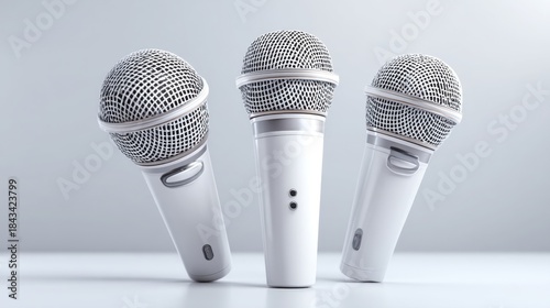 Three White Microphones Close Up on a Light Background