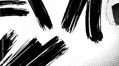 Abstract black and white image featuring dynamic brushstrokes and halftone patterns, creating a graphic art composition.