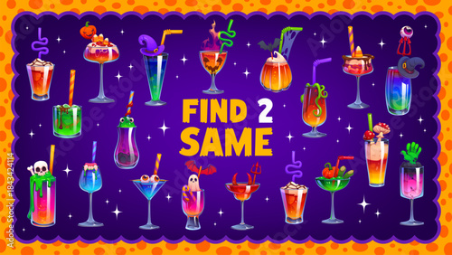 Find two same Halloween witch cocktails of glowing green potions of bloody red juice. Halloween vector cocktails of rainbow mixture in tall and short glasses decorated with pumpkins and witch hats