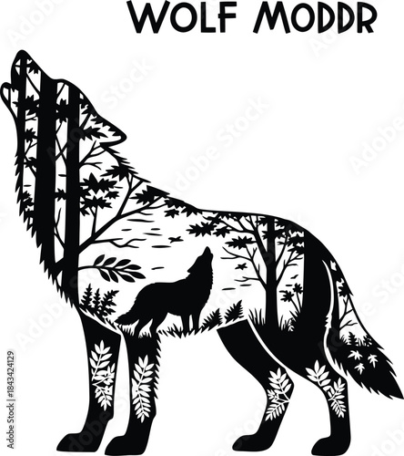 Wild wolf double exposure illustration for nature logo design, forest animal badge, mountain landscape emblem and isolated on transparent wildlife graphic sketch