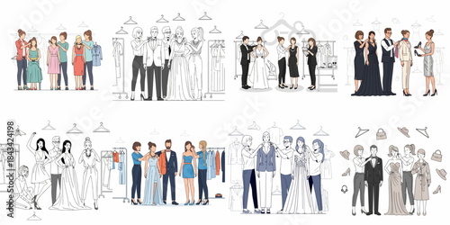 Professional Stylist Assistance and Fashion Preparation Set. Hand-drawn Illustrations of People Dressing for Formal Events, Red Carpet, or Wedding Day.