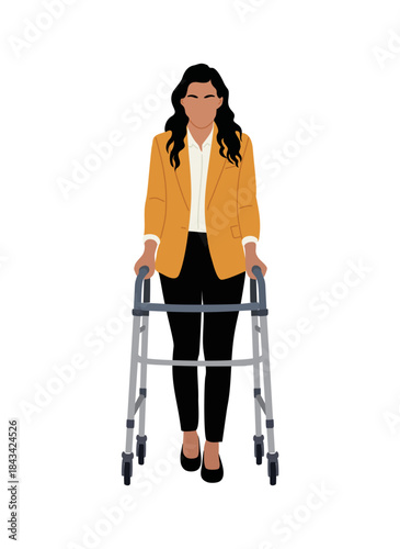 Young woman in business casual attire using a walker, clean minimalist style, professional look. Flat vector illustration isolated on transparent background.