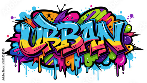 Vibrant Urban Graffiti Art Word with Colorful Splatter and Drips on White Background