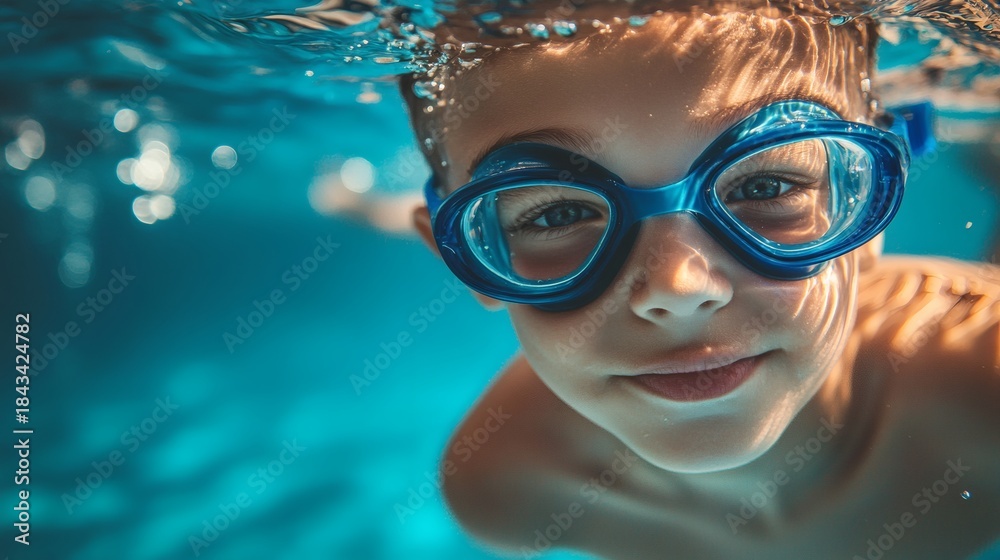 Naklejka premium Underwater close-up portrait of a smiling young boy wearing blue swim goggles in a pool with clear turquoise water and sunlight filtering through.