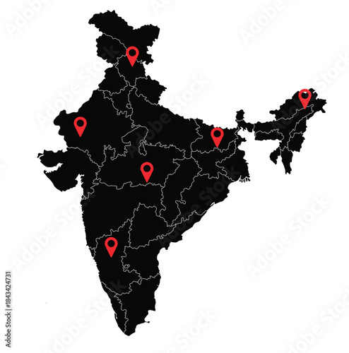 India Map with Location Pins for Traveling and  Business use