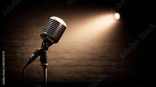 Vintage microphone illuminated under a warm spotlight on brown background