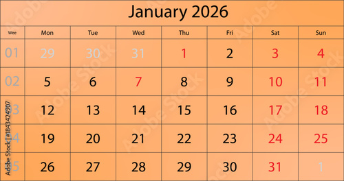 January 2026 calendar template with clean orange layout featuring week structure and date grid suitable for planners, scheduling, and print designs