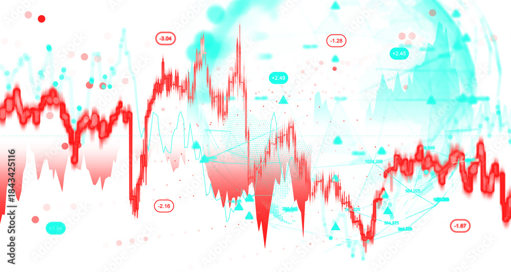 Obraz premium Abstract financial chart with red and cyan fluctuating graphs on white background representing economic data and analytics concept in creative blur style. 3D Rendering
