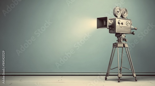 Vintage movie camera on a tripod projecting light in a studio