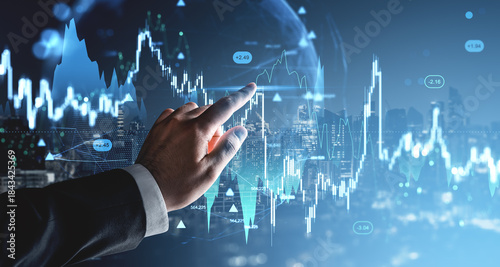 Photos Businessman analyzing forex and crypto data on futuristic chart interface in modern cityscape background with glowing holographic graph concept