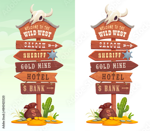 Western wooden signboard or Wild West sign board signage with longhorn bull skulls, cartoon vector. Western signboard or wooden signpost board with direction signs to cowboy saloon, sheriff or bank