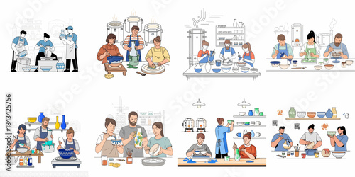 Set of illustrations showing people creating handmade pottery, including wheel throwing, glazing, and firing processes in a ceramics workshop.