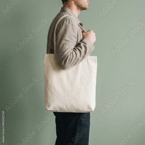 Casual shopper in sweater carrying beige tote bag side profile.