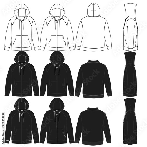 Zip-Up Hoodie Mockup Set: Technical Fashion Flat Drawing with Front, Back, and Side Views