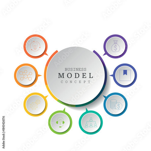 Simple concept for business model diagram with eight steps and place for your description. Flat infographic design template for website or presentation.