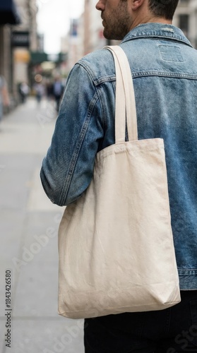 Casual street style with a beige tote bag.