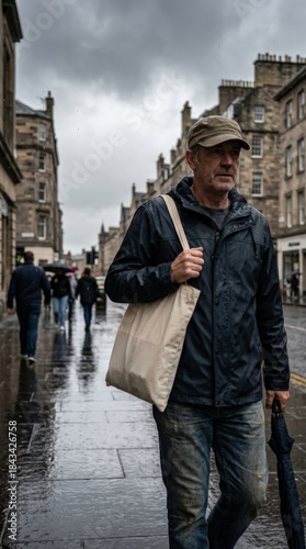 Casual Traveler Walks Through Historic European Street in Rain.