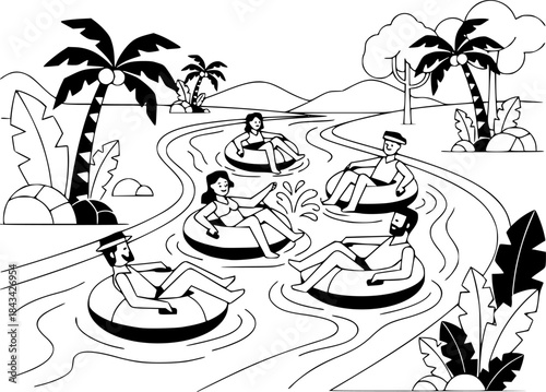 Friends Enjoying a Lazy River Tubing Adventure
