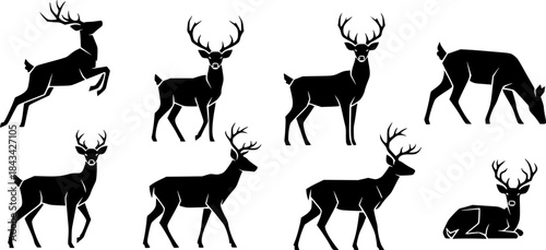Deer silhouettes set vector illustration, black deer silhouette icon bundle
