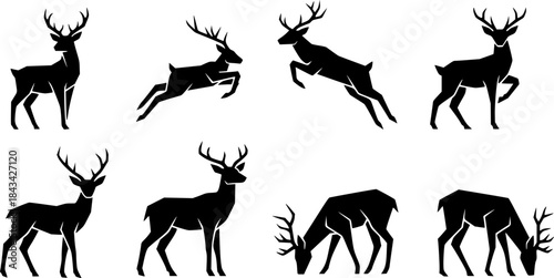 Deer silhouettes set vector illustration, black deer silhouette icon bundle
