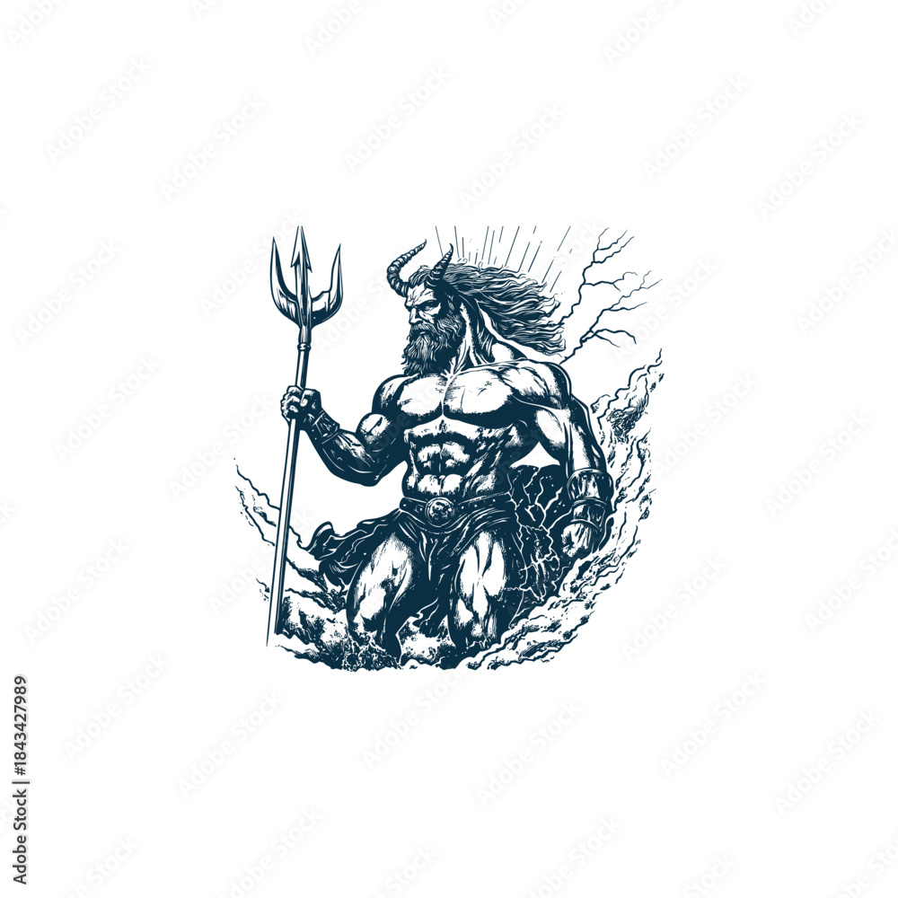 Fototapeta premium Powerful ancient god or mythical warrior with horns and trident standing amidst lightning and clouds, hand-drawn vintage engraving style