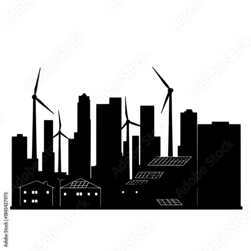 Cityscape Silhouette with Wind Turbines and Solar Panels