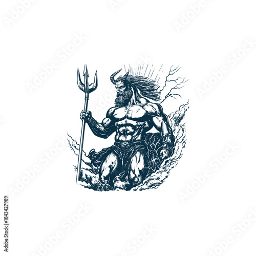 Powerful ancient god or mythical warrior with horns and trident standing amidst lightning and clouds, hand-drawn vintage engraving style
