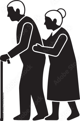 An elderly couple walking together supported by a cane and each other