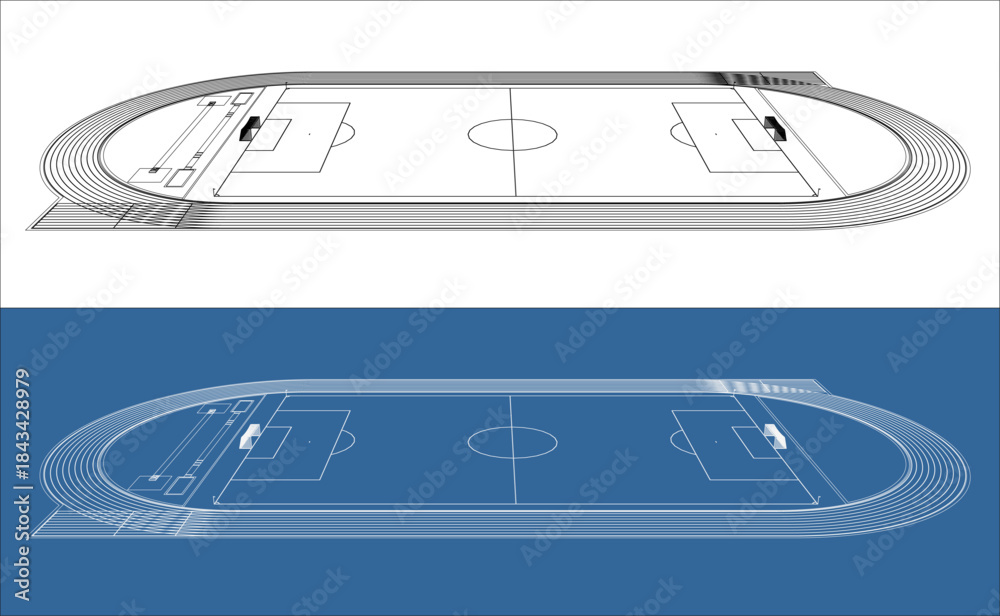 Fototapeta premium Side View Profile of Soccer Football Field Wireframe Sketch