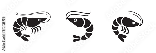 Collection of three black isolated vector graphics showing stylized shrimp in curved body positions for logo use