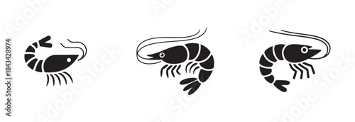 Group of three shrimp or prawn symbols featuring different styles of black filled silhouettes on white